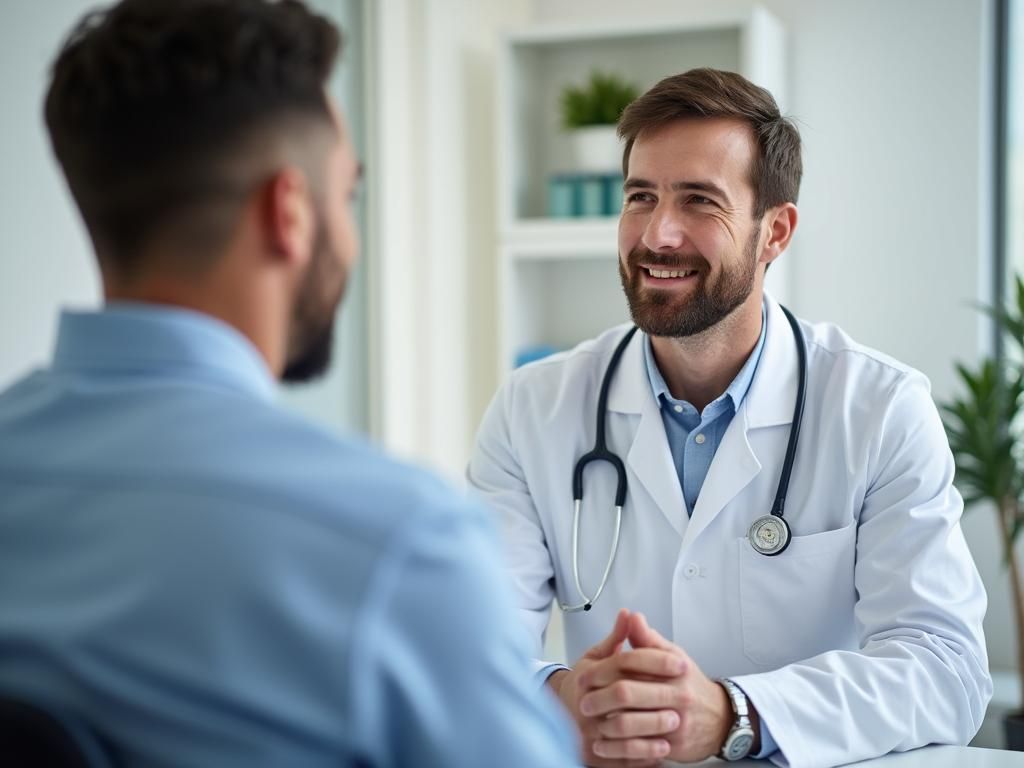 Konzultácia lekára s mužom ohľadom liečby erektilnej dysfunkcie.