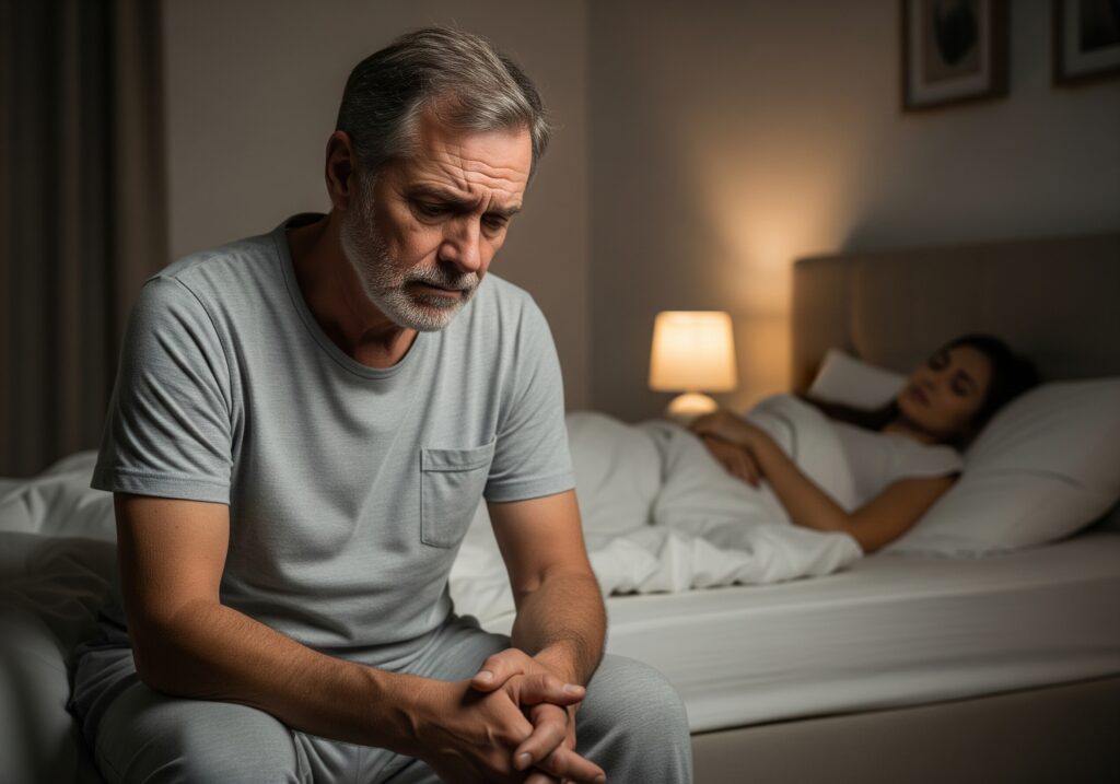 Muž sediaci na posteli po nevydarenom sexe kvôli erektilnej dysfunkcii