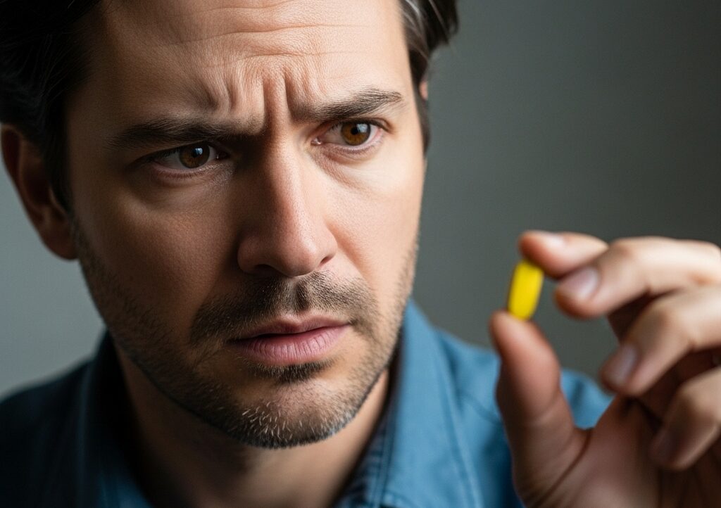 Muž drží v ruke tabletku Cialisu, ktorú kupil na kamagra shope man-zone.sk